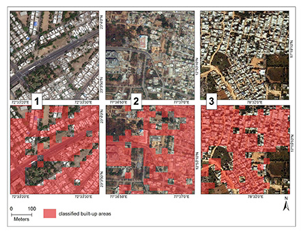 Classification of built-up areas, visualized in red, compared to raw satellite images in three regions in India. Satellite images from DigitalGlobe, Inc., courtesy Big Pixel Initiative. All rights reserved.
